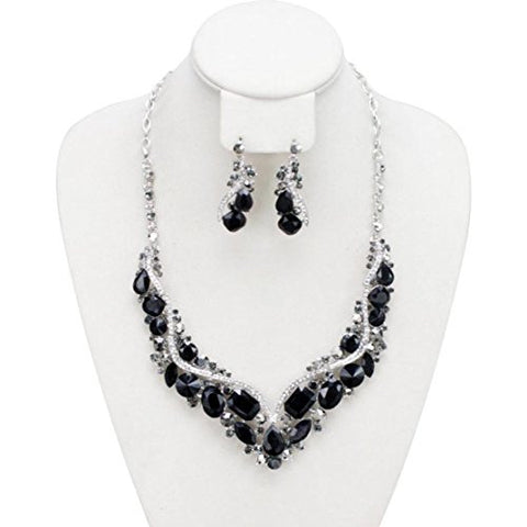 Pave Black Rhinestone Charm Necklace and Earrings Jewelry Set in Silver-Tone