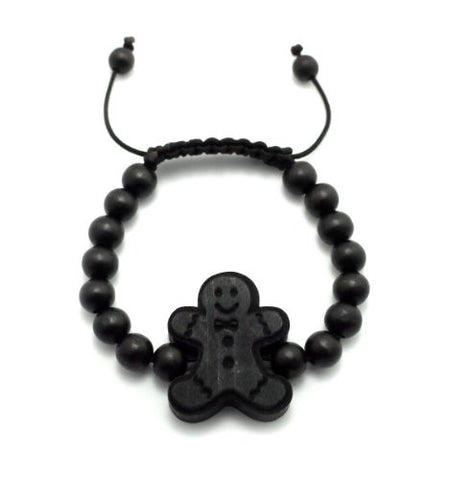 Gingerbread Cookie Man Wood Pendant Wooden Bead Chain Bracelet in Black-Tone WB41BK
