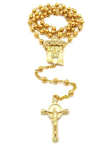 Bead Chain Rosary Necklace with Pave Jesus & Halo Crucifix Cross Micro Pendants