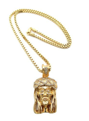 Rhinestone Crown of Thorns Gold Tone Jesus Pendant 3mm 24" Box Chain Necklace