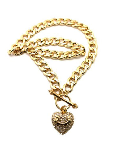 New Iced Out Gold Rhinestone Heart I Love You Pendant w/11mm 18" Link Toggle Chain Necklace NOQ260G