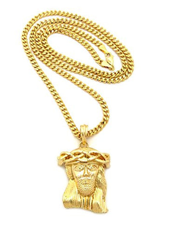 Polished Micro Jesus Head Pendant w/ 3mm 24" Concave Diamond Cut Cuban Chain in Gold-Tone