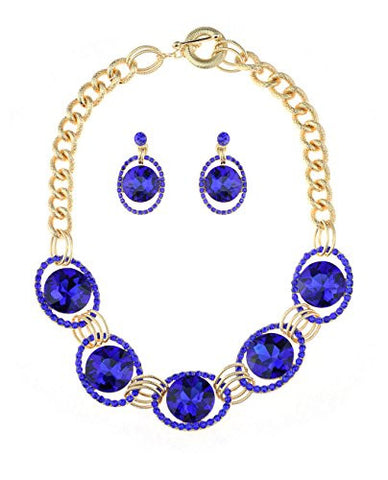 Encircled Round Cut Royal Blue Stone Necklace and Earrings Jewelry Set in Gold-Tone
