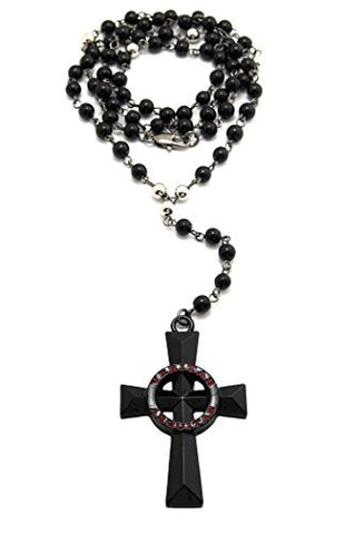 Truth & Justice Solid Veritas Aequitas Cross Pendant 6mm Glass Bead Rosary Necklace in Black