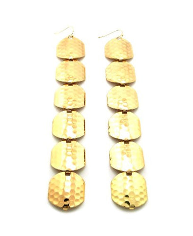 Hexagon Hammered Long Drop Earrings in Gold-Tone