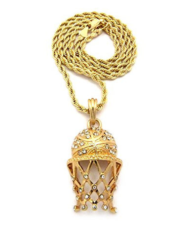 Stone Stud Basketball Net Pendant 3mm 24" Rope Chain Necklace in Gold-Tone