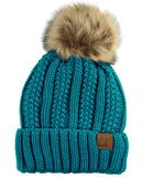 C.C Thick Cable Knit Faux Fuzzy Fur Pom Fleece Lined Skull Cap Cuff Beanie
