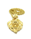 Roaring Lion Head 3D Pendant w/ 6mm 30" Rope Chain Necklace in Gold-Tone