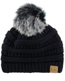 NYFASHION101 Soft Stretch Cable Knit Faux Fur Pom Pom Beanie Hat