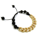 Hip Hop Rapper's Style 12mm Iced Out Cuban Link and 10mm Black Stone Bead Adjustable Knotted Bracelet, Gold-Tone, XB447G