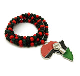 Power Fist on Pan Africa Continent Pendant with 6mm 36" Multicolored Wood Bead Necklace, Silver-Tone