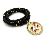 Stone Stud Dominican Republic Waving Flag Medal Pendant with 6mm 30" Wood Bead Color Disc Necklace, Black Wood/Gold-Tone