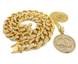 Hip Hop Rapper's Style Iced Out Cuban Chain & Stone Stud QC Pendant with Box Chain Necklace Set