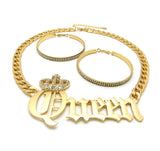 Stone Stud Crowned Queen Pendant Chain Necklace with Rhinestone Hoop Earrings Jewelry Set