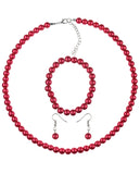 Women's 7mm Simulated Pearl Necklace with Stretch Bracelet and Ball Earrings