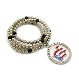 Stone Stud Puerto Rico Waving Flag Medal Pendant with 6mm 30" CCB Bead Necklace, Silver-Tone