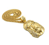 Stone Stud Hair Jesus Face Pendant with 6mm Cuban Chain in Gold-Tone, 36"