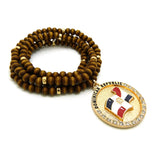 Stone Stud Dominican Republic Waving Flag Medal Pendant with 6mm 30" Wood Bead Color Disc Necklace, Black Wood/Silver-Tone