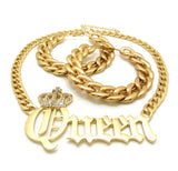 Stone Stud Crowned Queen Pendant Chain Necklace with Bamboo Style Hoop Earrings Jewelry Set