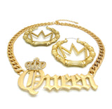 Stone Stud Crowned Queen Pendant Necklace with Crown Charm Bamboo Hoop Earrings Jewelry Set