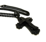 Stone Stud Layered Gothic Cross Pendant with 5mm 24" Cuban Chain Necklace in Black