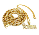 Hip Hop Rapper's Style Iced Out Cuban Chain & Stone Stud Crowned KING Pendant with Box Chain Necklace Set