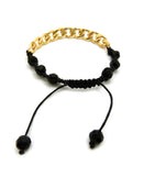 Hip Hop Rapper's Style 10mm Iced Out Cuban Link and 8mm Black Stone Bead Adjustable Knotted Bracelet, Gold-Tone, XB448G