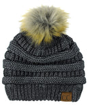 NYFASHION101 Soft Stretch Cable Knit Faux Fur Pom Pom Metal Color Beanie Hat