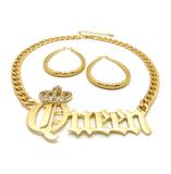 Stone Stud Crowned Queen Pendant Chain Necklace with Teardrop Hoop Earrings Jewelry Set