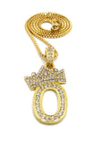 Stone Stud Tilted Crown Number Pendant with 2mm 24" Box Chain Necklace, 0, Gold-Tone