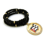 Stone Stud Cuba Waving Flag Medal Pendant with 6mm 30" Wood Bead Color Disc Necklace, Black Wood/Gold-Tone