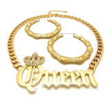 Stone Stud Crowned Queen Pendant Necklace with Bamboo Hoop Earrings Jewelry Set