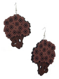 Wooden Floral Turban Fro African Woman Head Dangle Pierced Earrings