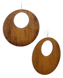 Women's Large Round Flat Wood Dangle Pierced Earrings