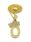 Stone Stud Tilted Crown Number Pendant with 2mm 24" Rope Chain Necklace, 0, Gold-Tone