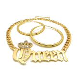Stone Stud Crowned Queen Pendant Chain Necklace with Polished Hoop Earrings Jewelry Set