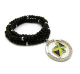 Stone Stud Jamaica Waving Flag Medal Pendant with 6mm 30" Wood Bead Color Disc Necklace, Black Wood/Silver-Tone