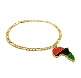 Women's Pan Africa Continent Charm 3.5mm 10" Figaro Chain Ankle Bracelet Anklet, Gold-Tone
