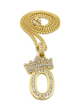 Stone Stud Tilted Crown Number Pendant with 3mm 24" Cuban Chain Necklace, 0, Gold-Tone