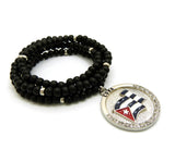 Stone Stud Cuba Waving Flag Medal Pendant with 6mm 30" Wood Bead Color Disc Necklace, Black Wood/Silver-Tone