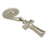 Stone Stud Double Cross Pendant with 5mm 24" Cuban Chain Necklace, Silver-Tone