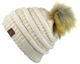 NYFASHION101 Soft Stretch Cable Knit Faux Fur Pom Pom Metal Color Beanie Hat