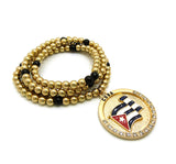 Stone Stud Waving Flag Medal Pendant with 6mm 30" CCB Bead Necklace in Gold-Tone, Cuba