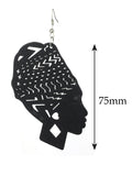 Women's Wooden African Woman Turbanista Figure Dangle Pierced Earrings, Black