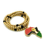 Pan Africa Continent Pendant with 6mm 30" CCB Bead Necklace, Gold-Tone/Power Fist on Pan Africa