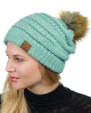 NYFASHION101 Soft Stretch Cable Knit Faux Fur Pom Pom Metal Color Beanie Hat