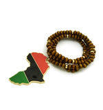 Pan Africa Continent Pendant with  6mm 30" Wooden Bead and Metal Disc Necklace, Gold-Tone/Brown Wood