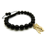 Stone Stud Realistic Jesus Face Charm with Adjustable 10mm Black Stone Bead Bracelet, Gold-Tone