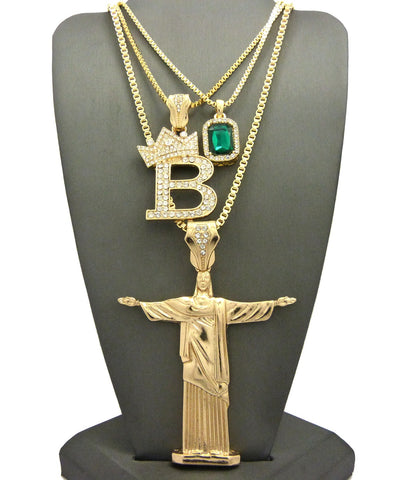 Colored Gemstone, Tilted Crown Initial B, Christ the Redeemer Pendant Set w/ Chain Necklaces