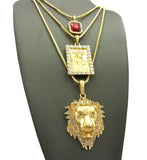 Ruby Red Gemstone, Statue of Liberty & Noble Lion Head Pendant Set w/ Box Chains in Gold-Tone